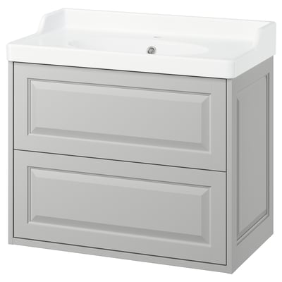 TÄNNFORSEN hellgrauer Waschtisch. Sauberes Design, 2 Schubladen, Keramikspüle.