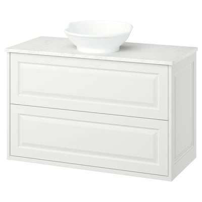 Weißer Badezimmer-Waschtisch, Marmordecke, runder Schüsselspülbecken, zwei Schubladen, klassisches Design.
