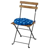 Blauer gepolsterter Holzstuhl; Rechteckiger Sitz und Rückenlehne, schwarze Metallbeine.