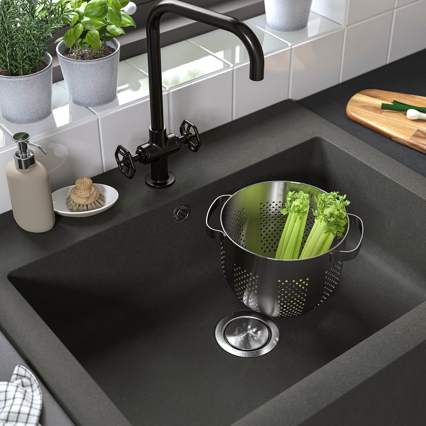 Thumbnail - IKEA TALLSJÖN Spülbecken mit Frontblende dunkelgrau/Steinmuster 80x65 cm