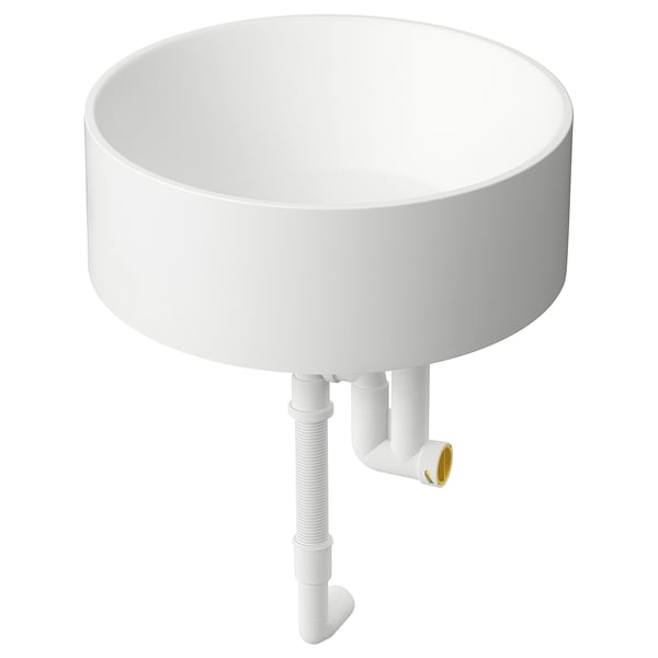 Modernes weißes rundes Arbeitswaschbecken, Marmormischung, elegant, mit versteckten Rohren.