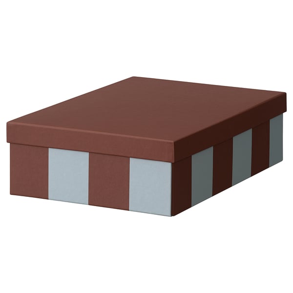 Braune TJENA Aufbewahrungsbox mit blauen Streifen, rechteckiger Form, stoffähnlicher Textur.