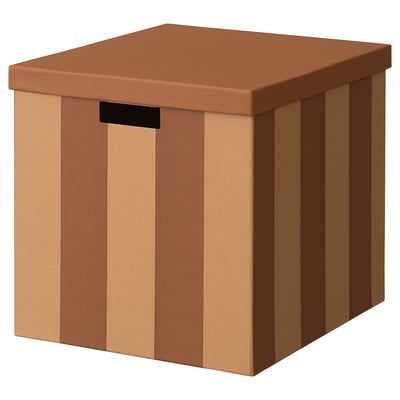 Braun gestreifte Aufbewahrungsbox mit Deckel und Griff, quadratische Form.