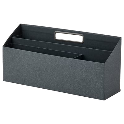 Eine dunkelgraue TJOG-Aufbewahrungsbox mit Griffen aus recyceltem Karton und Stahl, die für die Organisation auf dem Schreibtisch konzipiert ist.