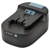 Schwarzes TRIXIG-Batterieladegerät, ABS-Kunststoff, rechteckige Form, blaue Akzente, kompaktes Design.