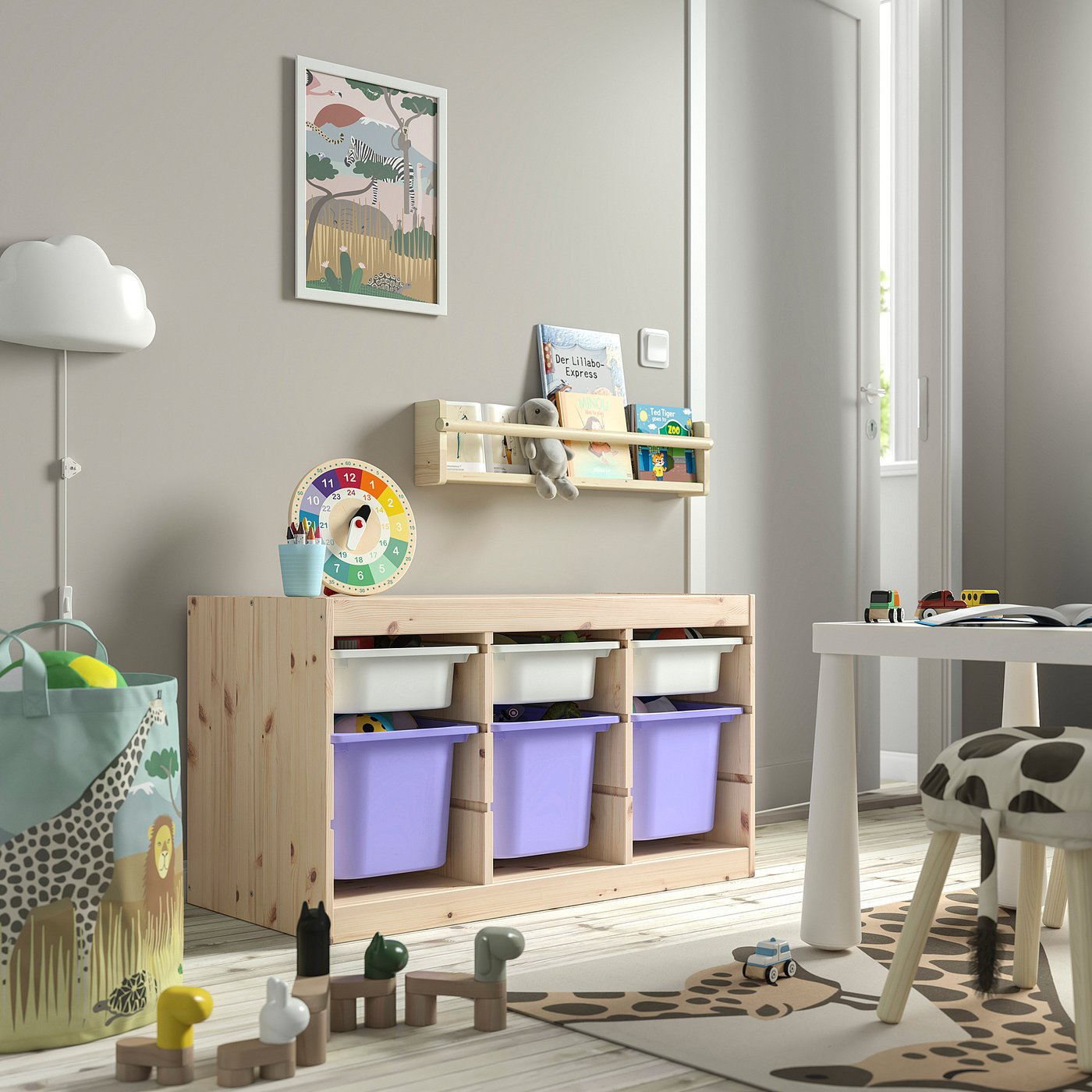 Thumbnail - IKEA TROFAST Aufbewahrung mit Boxen Kiefer weiß gebeizt, hell weiß/lila