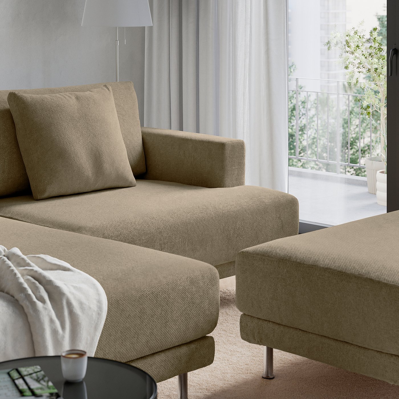 Thumbnail - IKEA UPPÅKRA 3er-Sitzelement mit Récamiere links mit Hocker/Johanneshov braunbeige Johanneshov braunbeige