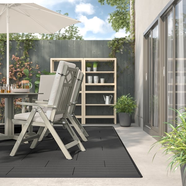 Moderne Terrasse mit grauer UTLÄNGAN-Terrasse, Stühlen, Kissen, Regal und Pflanzen.