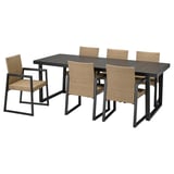 Moderne Outdoor-Essgarnitur VÄRMANSÖ mit dunkelgrauem Tisch und beigen Korbstühlen.