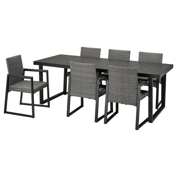 VÄRMANSÖ Esszimmergarnitur für den Außenbereich: schwarz, 6 Korbstühle, Stahltisch, modern, langlebig.