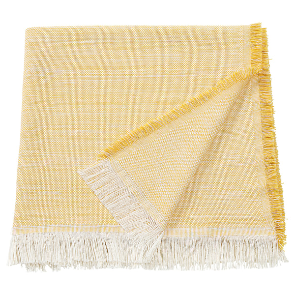 IKEA vaxelbruk gelb-weiße Wurfdecke, rechteckig mit Fransenkanten, hergestellt aus recycelten Fasern.
