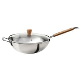 Wok aus Edelstahl mit Holzgriff und Glasdeckel, modernes Design.