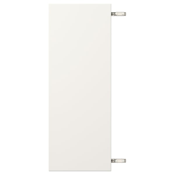 Weißer VEDDINGE-Schrank, rechteckig, mit Scharnieren aus Nickel.