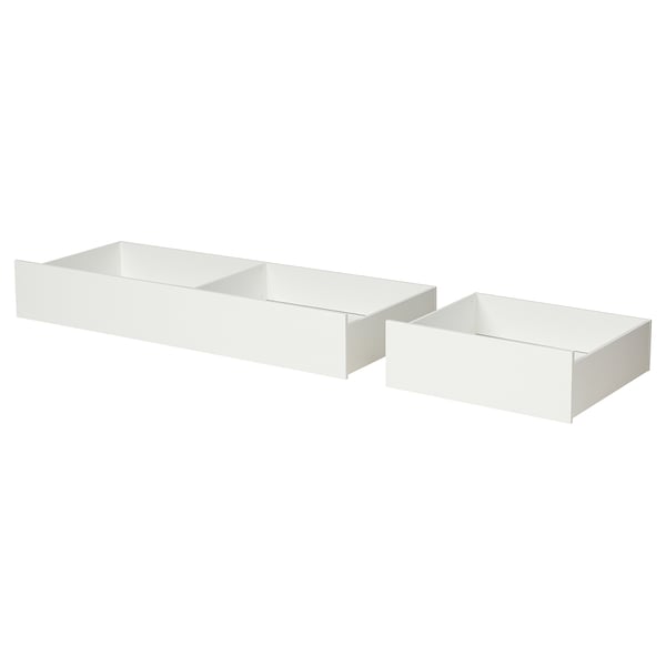 Zwei weiße Schubladen unter dem Bett, eine schmal und eine breit.