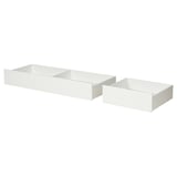 Zwei weiße Schubladen unter dem Bett, eine schmal und eine breit.