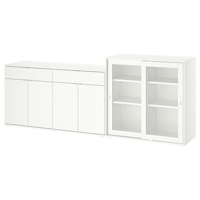 Weißes VIHALS-Aufbewahrungsset, modernes minimalistisches Design, bestehend aus Schiebetürschrank und Sideboard mit Schubladen.