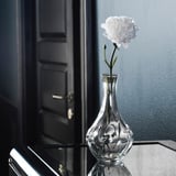 Vase aus klarem Glas mit einer einzigen weißen Blume, schlankem Design, reflektierender Oberfläche, elegantem und minimalistischem Stil.