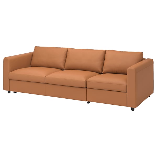 VIMLE Sofa, hellbraunes Leder, modernes Design, drei Kissen, klare Linien.