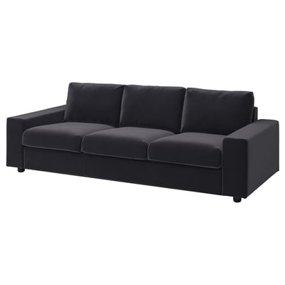 VIMLE Sofa: moderner schwarzer 3-Sitzer mit tiefen Kissen, robustem Gestell, schlankem Design.