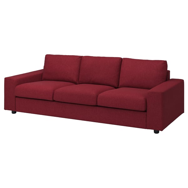 Rotes, modernes Sofa, drei Kissen, quadratische Form, bequemer Stoff, VIMLE-Design.