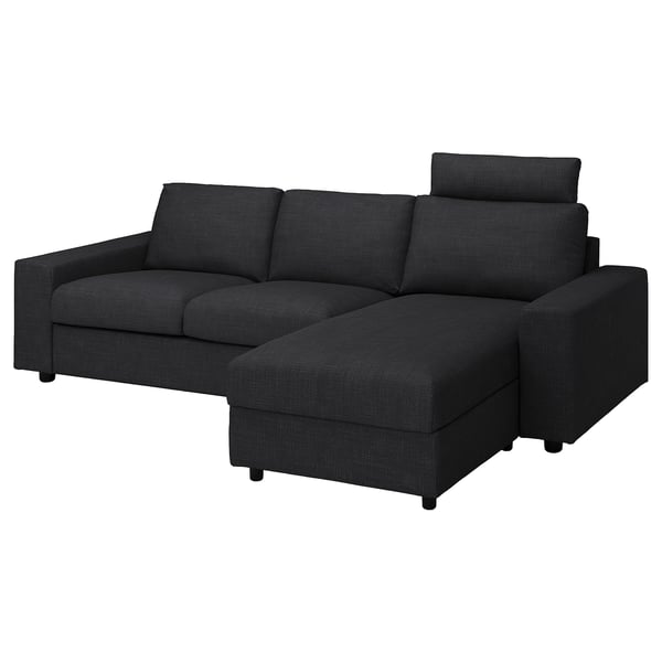 Ein dunkelgraues Sektionssofa VIMLE mit Chaiselongue, modularem Design und Kopfstützen.
