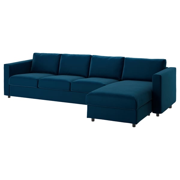 Blaues VIMLE Sofa mit L-förmiger Chaiselongue, blaugrüner Samtstoff, Eckdesign.
