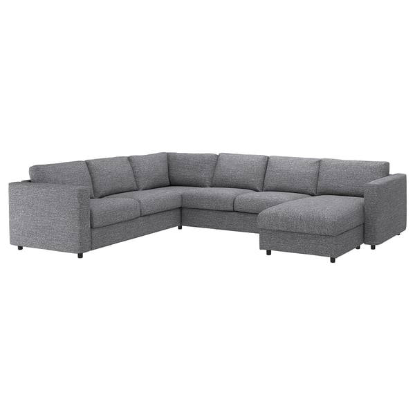 Großes graues L-förmiges Sofa mit Ottomane, modernes Design, weicher Stoff, grau.