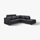 Schwarzes IKEA VIMLE Ecksofa mit modernem Design, darunter Sitze, Ecke, Fußhocker mit Stauraum und Kopfstützen.
