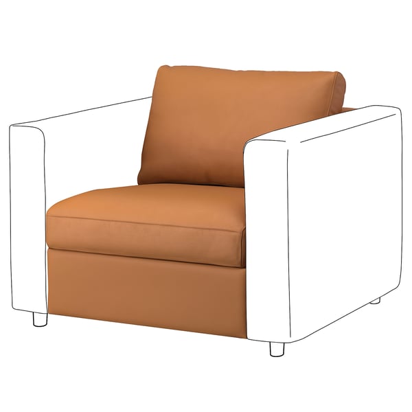 Brauner VIMLE Sessel mit weißen Beinen, modernes Design.