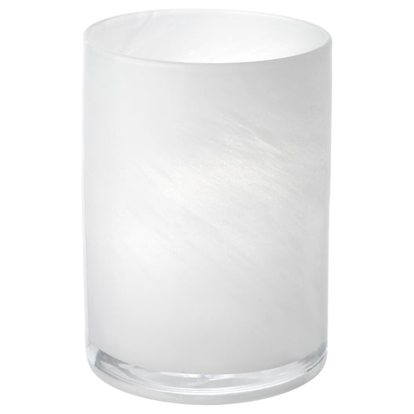 Kerzenhalter aus weißem Glas, zylindrisch mit frostigen Wirbeln, handgefertigt.