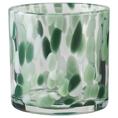 VINDSTILLA: handgefertigter Kerzenhalter aus Glas mit grünem, mattiertem Blasendesign. Runde Form, transparent mit dekorativem Muster.