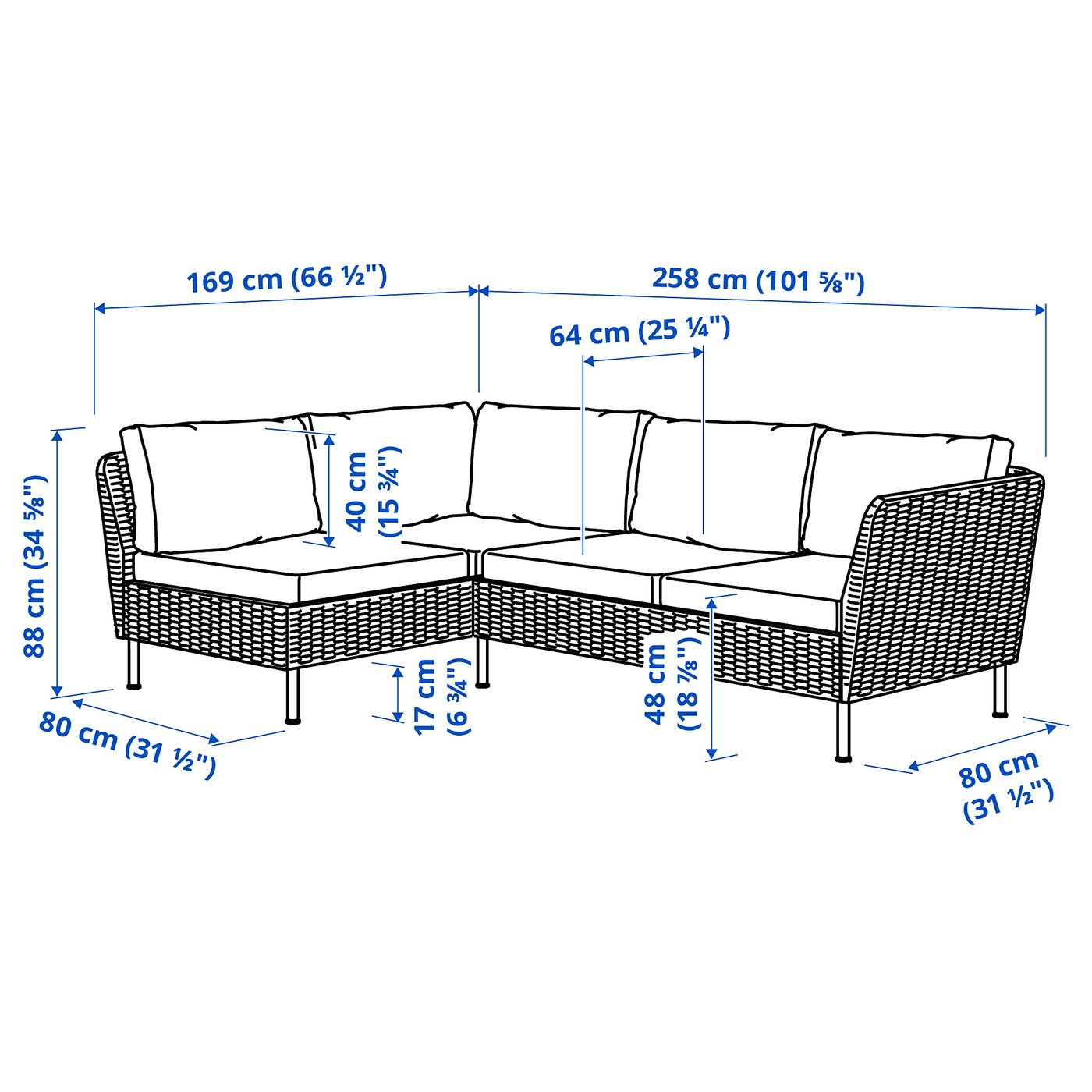 Thumbnail - IKEA VITTSKÄR 3er-Modulecksofa für draußen Kunststoffrattan dunkelgrau/Frösön/Duvholmen beige 80x80 cm\80x44 cm\\80x80 c...