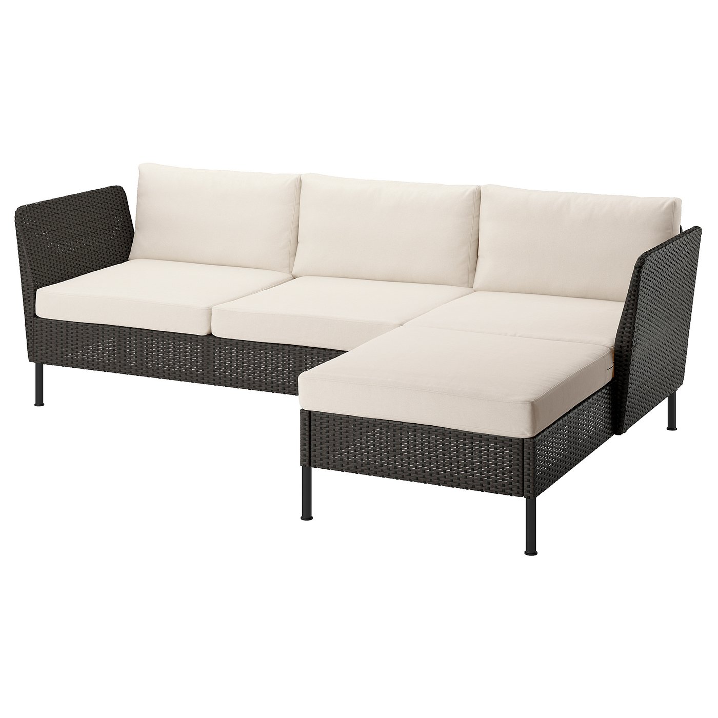 IKEA VITTSKÄR 3er-Sofa mit Récamiere mit Armlehnen für draußen/Kunststoffrattan dunkelgrau Frösön/Duvholmen beige