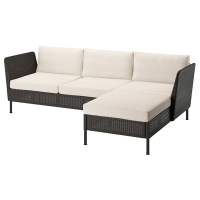 VITTSKÄR 3er-Sofa mit Récamiere, mit Armlehnen für draußen/Kunststoffrattan dunkelgrau Frösön/Duvholmen beige