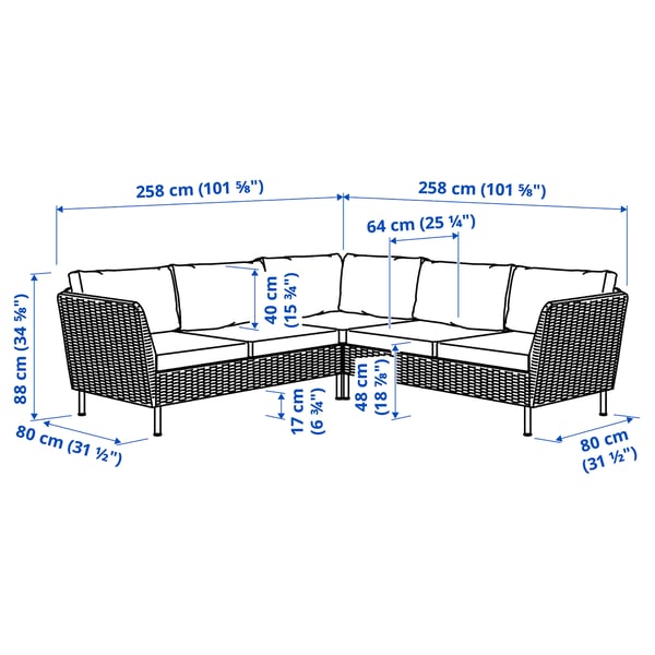 VITTSKÄR 4er-Modulecksofa, für draußen Kunststoffrattan dunkelgrau/Frösön/Duvholmen beige