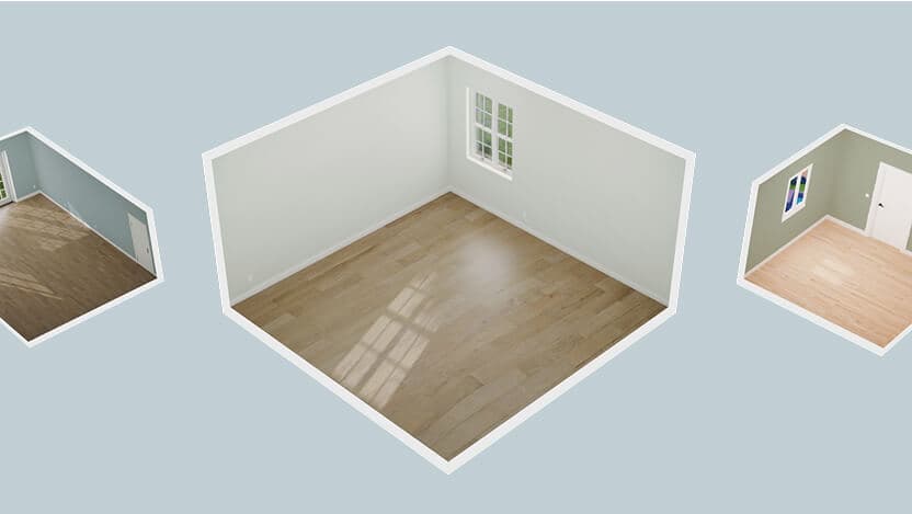 Dollhouse views of three empty virtual rooms in IKEA Kreativ, each with different door and window layouts, wall colors, and wood floors.