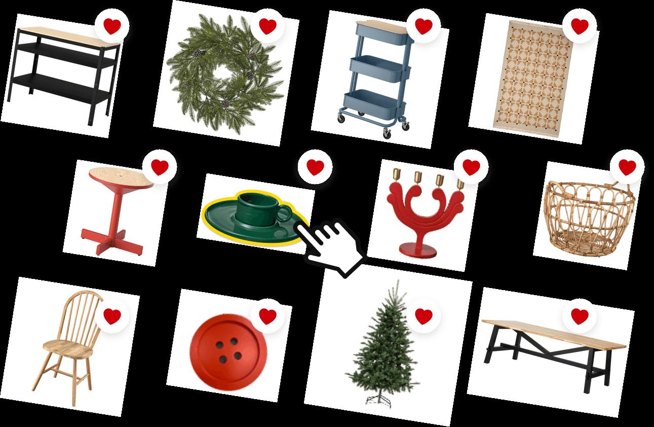 Festive and colorful IKEA holiday decor recommendations, including products such as a Christmas tree, dining chair, table, dishware, rug, and other holiday accessories.
