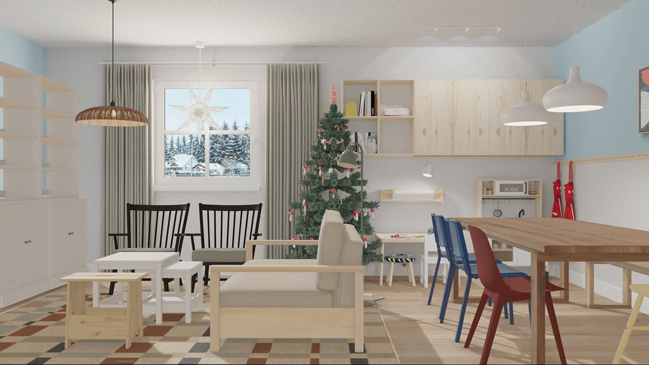 Virtual living space with IKEA holiday decor, featuring two armchairs, a sofa bed, a dining table with blue and red chairs, and a VINTERFINT Christmas tree by the window.