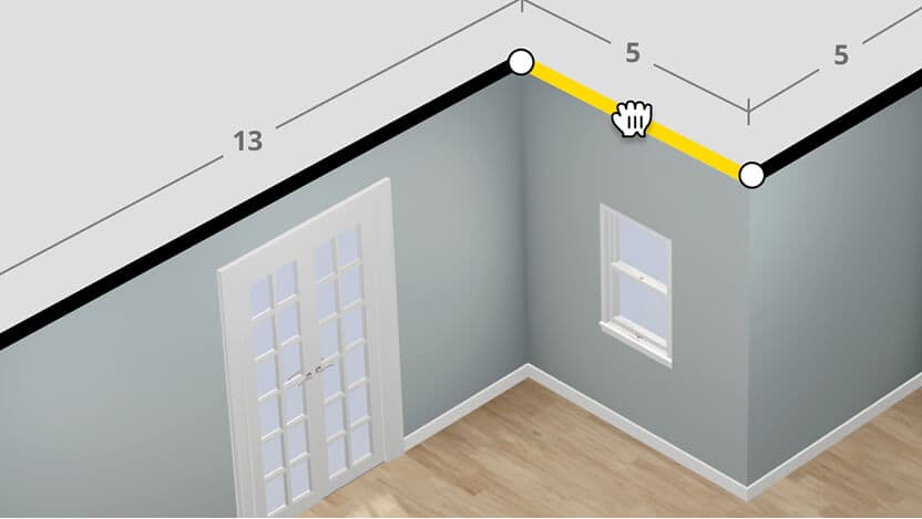 Cropped image of a virtual room configured in IKEA Kreativ with blue walls, wood flooring, and a window. The tops of the walls feature measurements.