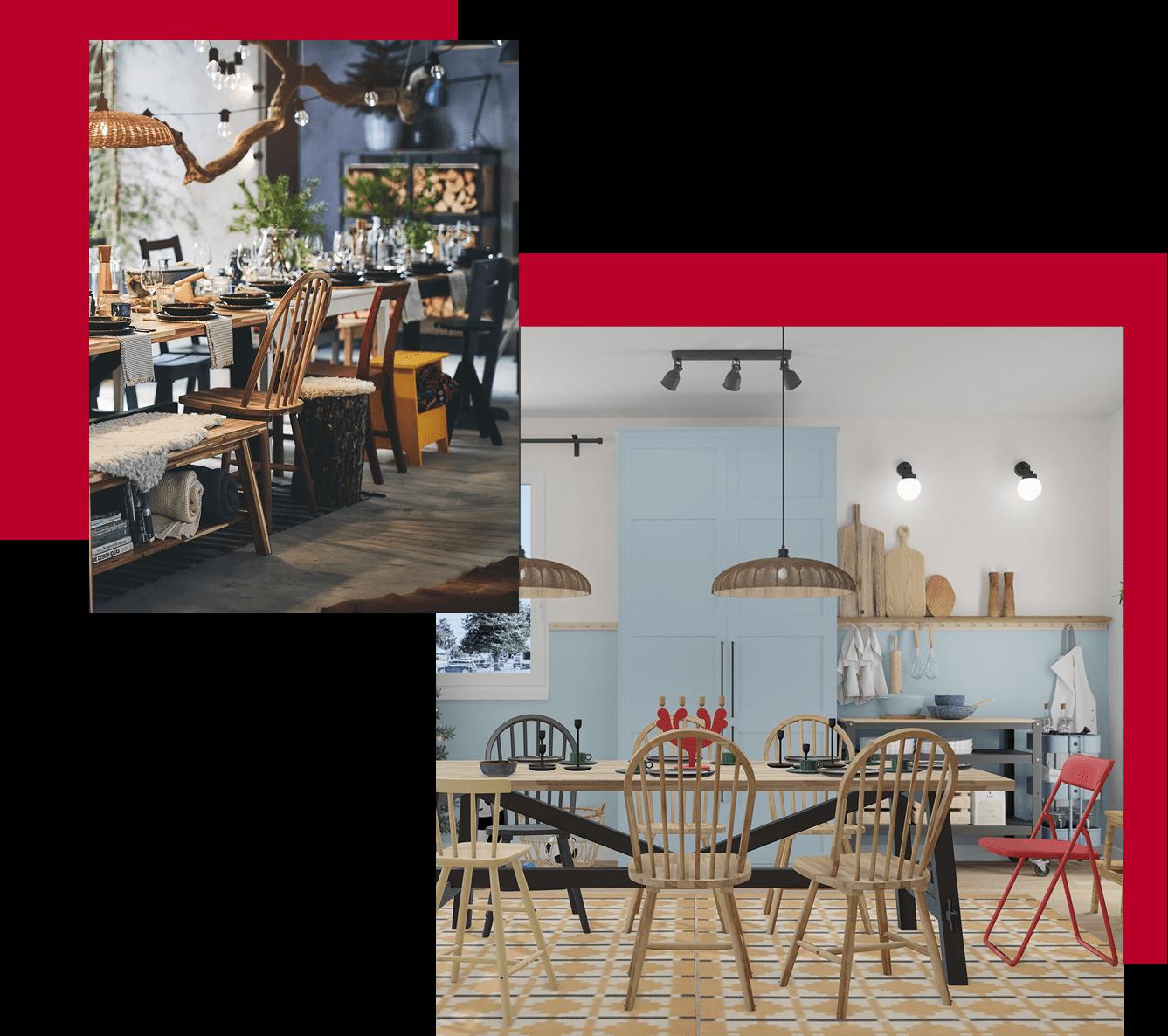 Holiday dining room with a table and mismatched chairs. Right: Virtual holiday dining room in IKEA Kreativ with a table, chairs, and a patterned rug, surrounded by blue kitchen cabinets.