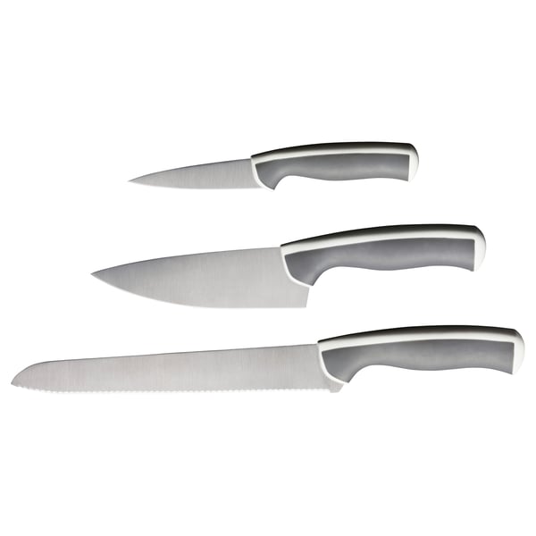 Three stainless steel ÄNDLIG knives in silver with ergonomic handles, displayed side by side.