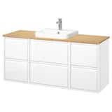 Modern white bathroom vanity, wooden countertop, 3 drawers, square sink, sleek design.