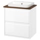 Modern white bathroom vanity with wooden countertop, square ceramic sink, and two drawers.