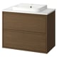 Modern wooden brown vanity with marble top & white basin, wall-mounted with full drawers.