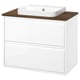 Modern white bathroom vanity with wooden countertop, rectangular sink, and two drawers for storage.