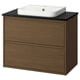 ÄNGSJÖN bathroom vanity in brown oak, black countertop, white sink, wall-mounted with two drawers.
