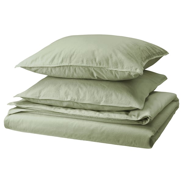 ÄNGSLILJA sage green bedding set, including duvet and two pillowcases, made from soft, pre-washed cotton.