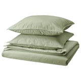 ÄNGSLILJA sage green bedding set, including duvet and two pillowcases, made from soft, pre-washed cotton.