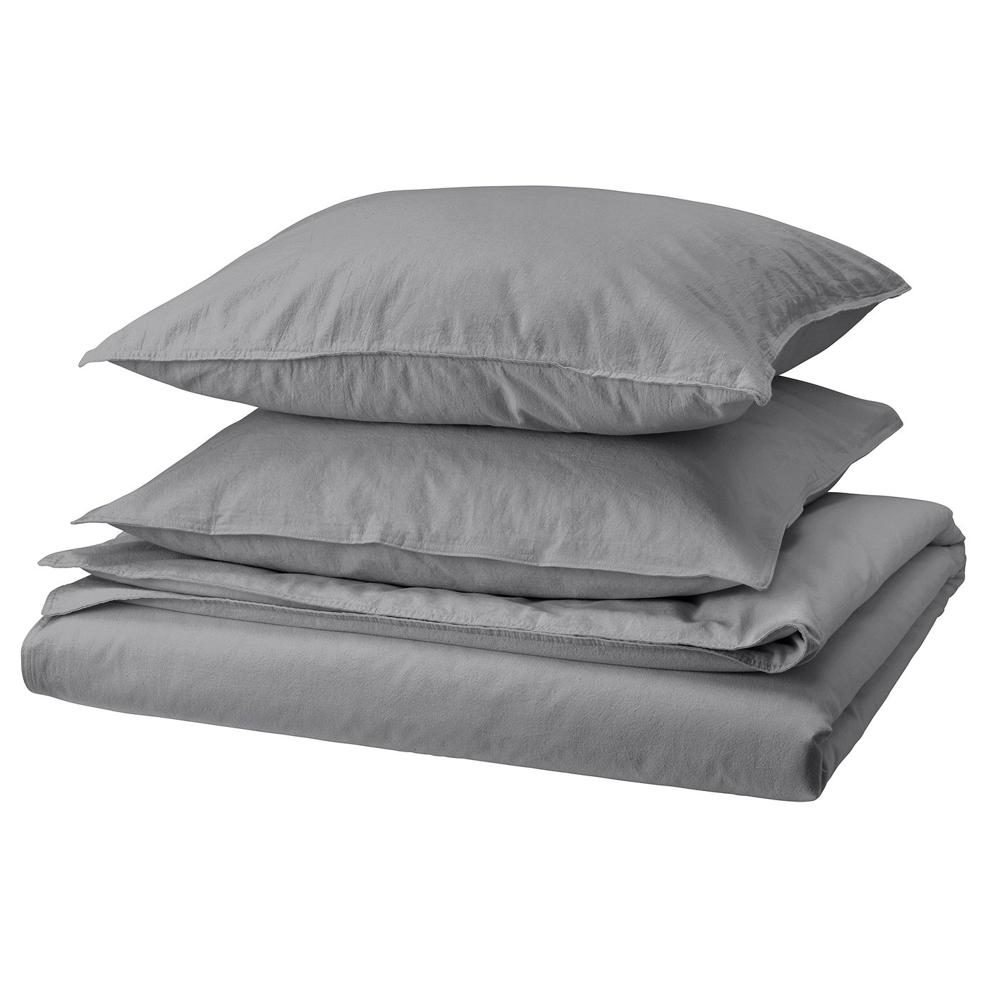 ÄNGSLILJA grey bed set, featuring duvet and pillows, made of 100% cotton, neatly folded.