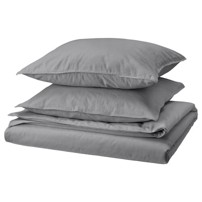 ÄNGSLILJA grey bed set, featuring duvet and pillows, made of 100% cotton, neatly folded.